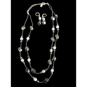 Vtg Kirks Folly Black & Silver Double Strand Beaded Necklace Dangle Earrings